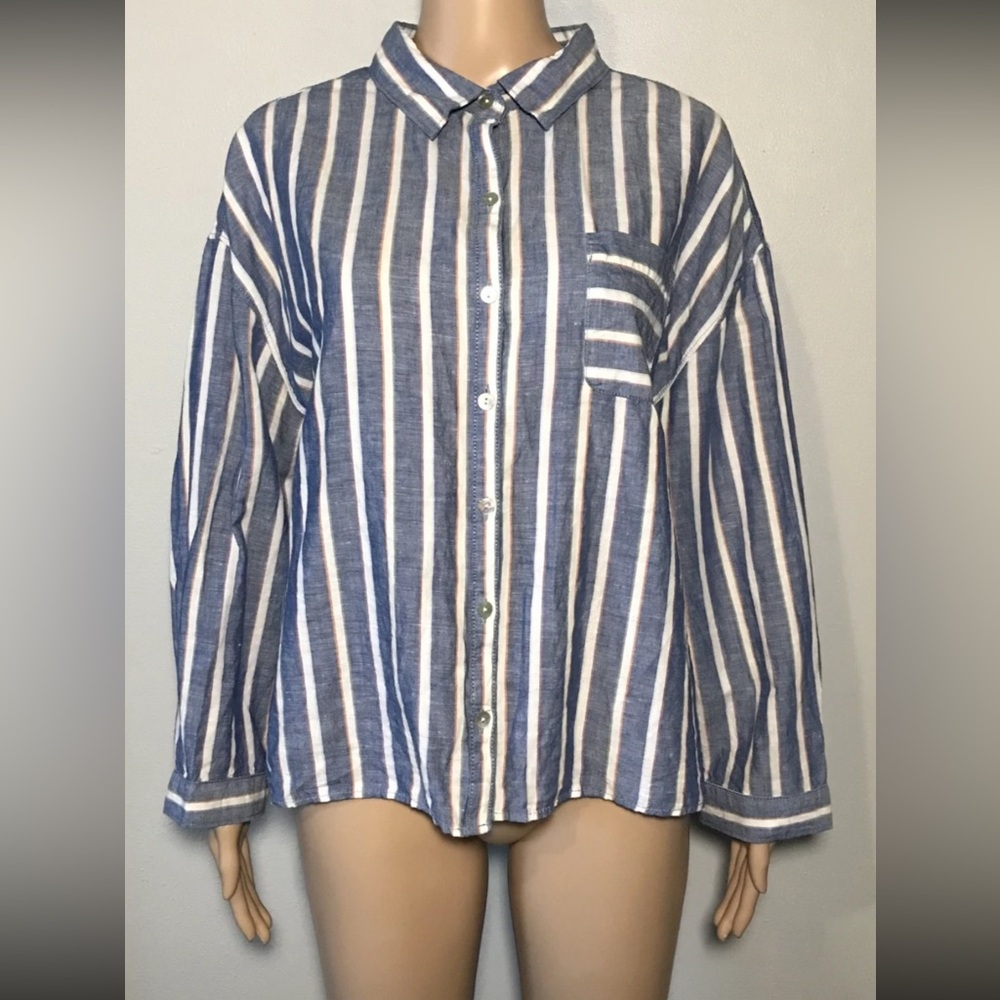 Sigrid Olsen Women's Shirt Size XL Striped Long Sleeve Linen Cotton Collared